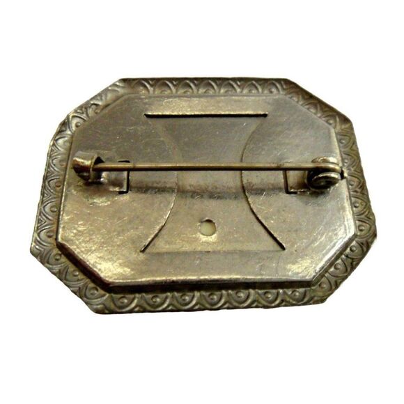 Rose Floral Etched Silver Border Handpainted Pin Octagon Brooch Vintage Estate - Picture 5 of 6